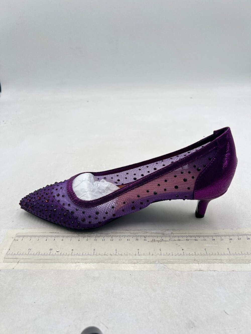XYD Purple Pointed Closed Toe Slip On Graceful Mesh Pumps Rhinestone Studs Shoes